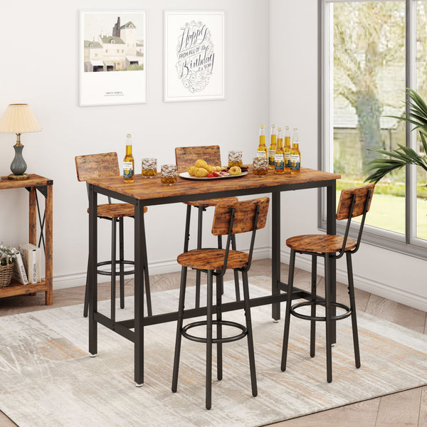 Bar Table Set with 4 Bar stools with backrest (Rustic Brown; 47.24''w x 23.62''d x 35.43''h)