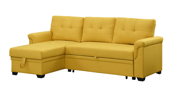 Lucca 84" Yellow Linen Reversible Sleeper Sectional Sofa with Storage Chaise