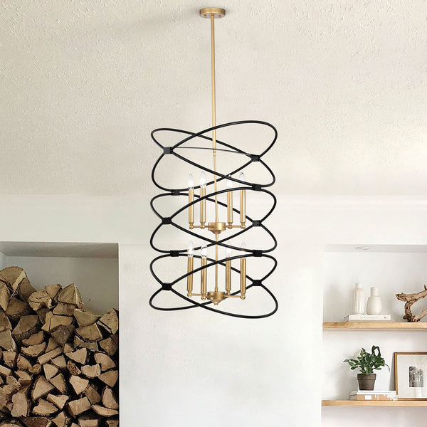 Transitional Gold/Matte Black Metal Chandelier Fixture; 8 lights ; 2-Tier-Candle Ceiling Light for Living Room; Bedroom; Dining Room; Dimmable; E12; W23.6*H55