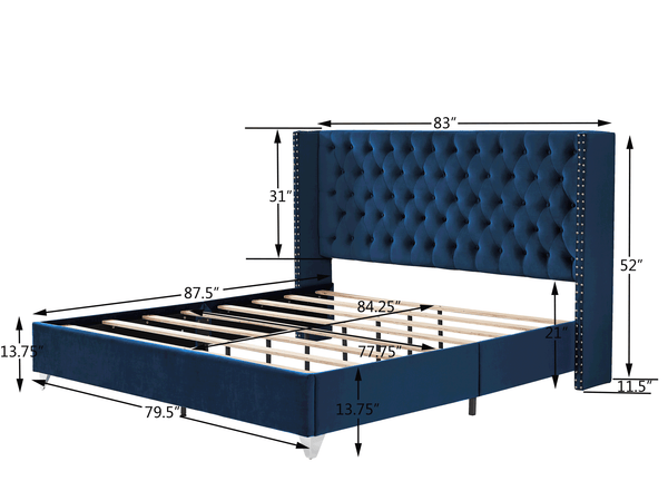 B100S King bed; Button designed Headboard; strong wooden slats + metal legs with Electroplate