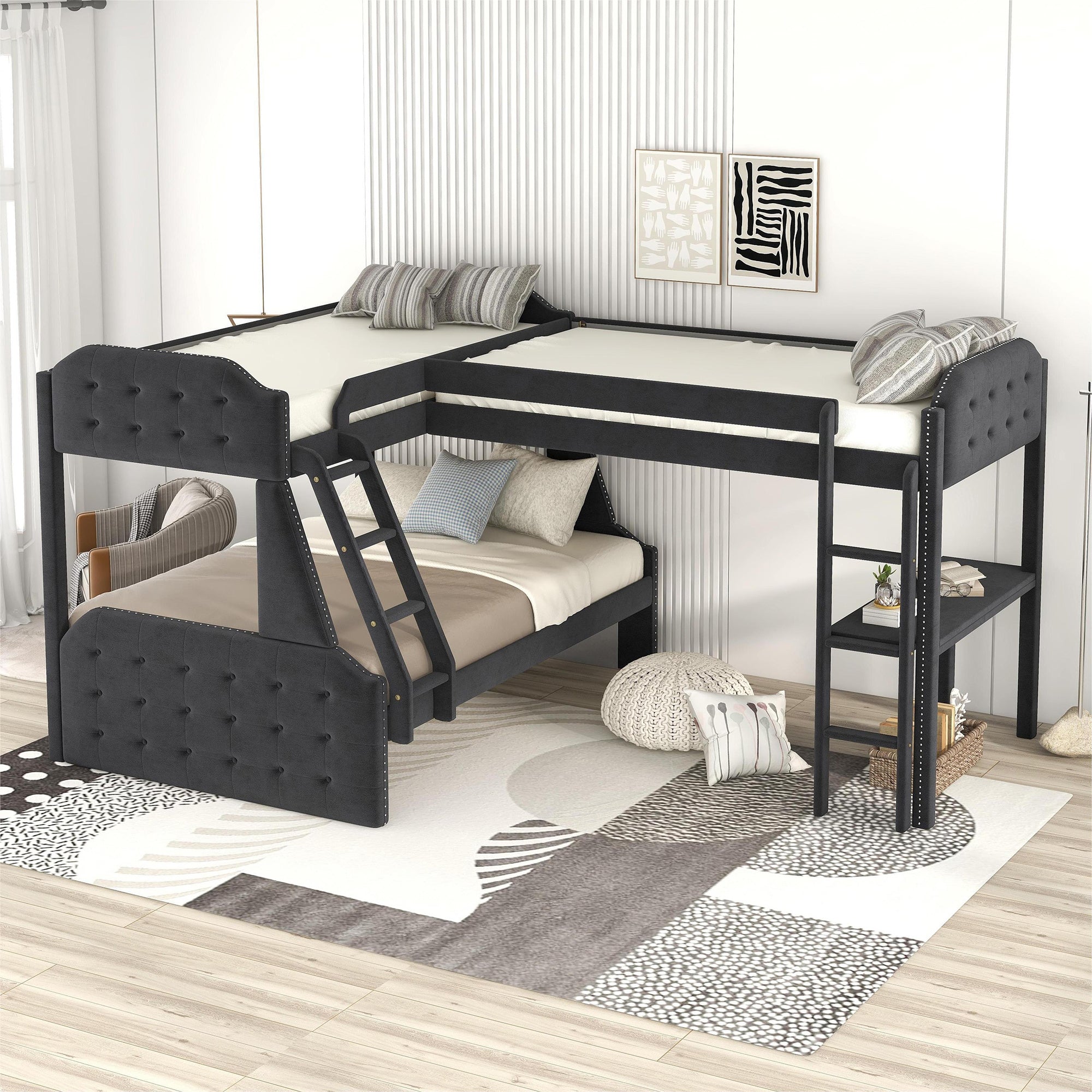 L-Shaped Twin over Full Bunk Bed and Twin Sie Loft Bed with Desk