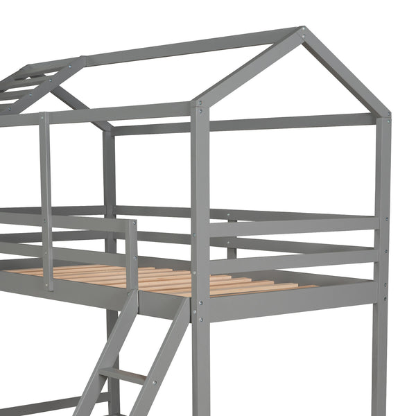 Twin over Full House Bunk Bed with Ladder and Window,Full-Length Guardrail