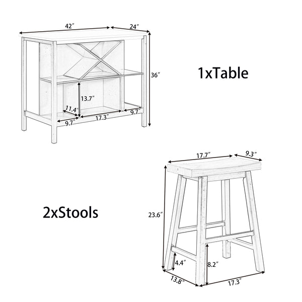 Farmhouse 3-piece Wood Stationary Kitchen Island Set with 2 Seatings, Dining Table Set with Shelves and Wine Rack for Small Places,Blue Frame+White Top