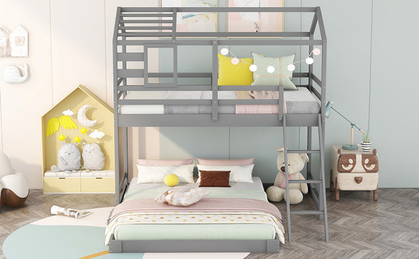 Twin over Full House Bunk Bed with Ladder and Window,Full-Length Guardrail