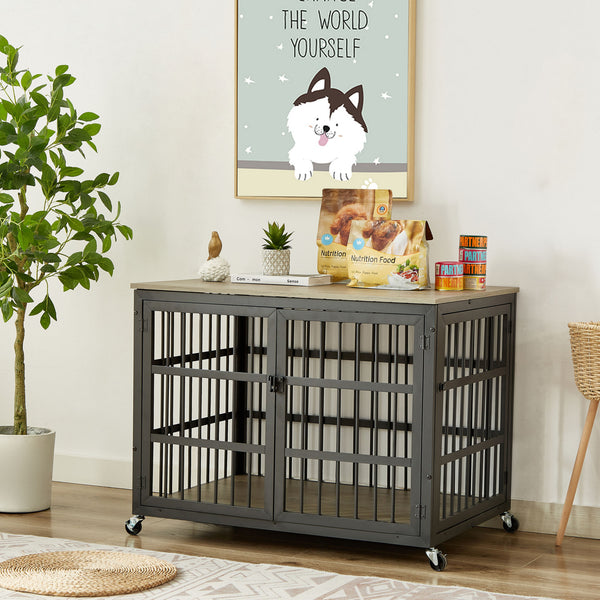 Furniture style dog crate wrought iron frame door with side openings, Grey, 38.4''W x 27.7''D x 30.2''H.