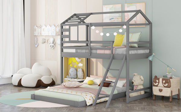 Twin over Full House Bunk Bed with Ladder and Window,Full-Length Guardrail