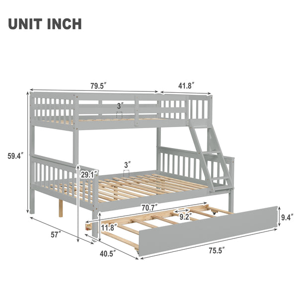 Twin Over Full Bunk Bed with Trundle; Convertible into 2 Beds; the Bunk Bed with Ladder and Safety Rails for Kids; Teens; Adults; Grey (Old Sku:W504S00029)