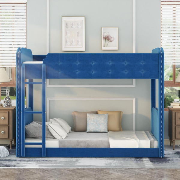 Twin over Twin Upholstered Bunk Bed; Button-Tufted Headboard and Footboard Design; Blue