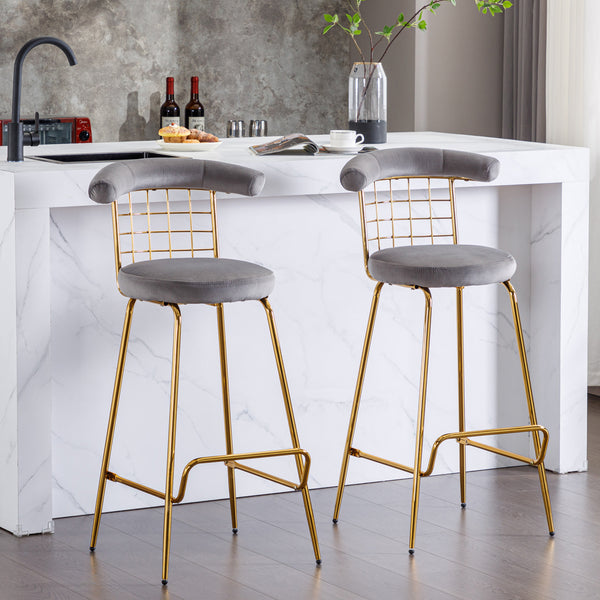 Bar Stool Set of 2, Luxury Velvet High Bar Stool with Metal Legs and Soft Back, Pub Stool Chairs Armless Modern Kitchen High Dining Chairs with Metal Legs