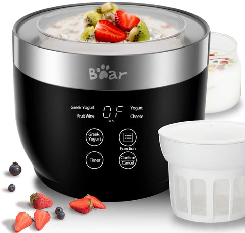 Yogurt Maker, Yogurt Maker Machine with Stainless Steel Inner Pot, Greek Yogurt Maker with Timer Control, Automatic Digital Frozen Yogurt Maker with 2 Glass Jars 1 Quart and Strainer for Home Organic