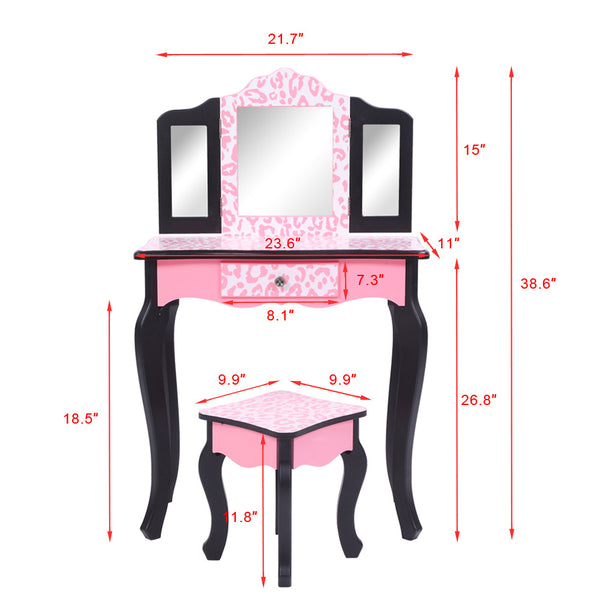 FCH Three-Fold Mirror Single Drawer Arc Feet Children Dresser Pink Leopard Print, This is A Very Fashion, Modern and Simple Dressing Table RT