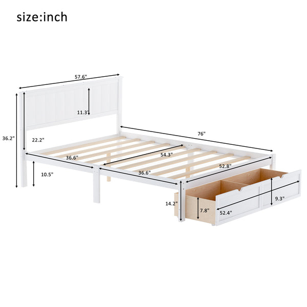 Full Size Platform Bed with Under-bed Drawers, White RT