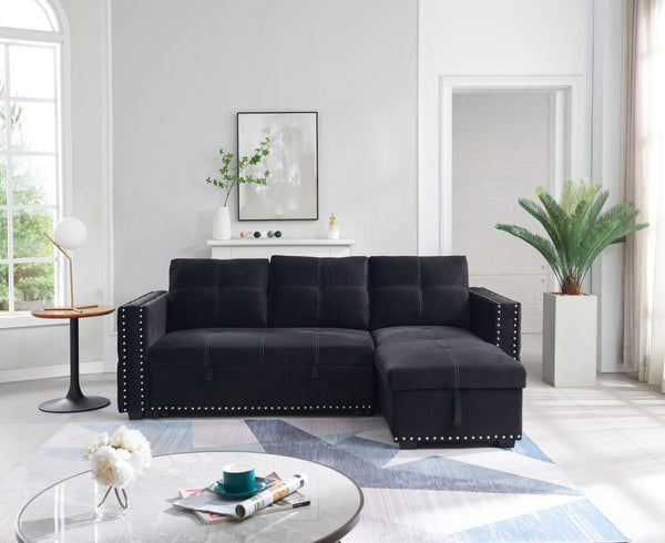 Sectional sofa with pulled out bed; 2 seats sofa and reversible chaise with storage; both hands with copper nail; BLACK; (91&quot; x 64&quot; x 37&quot;)