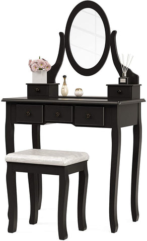 Vanity Table Set, Dressing Table with Mirror, Vanity Makeup Table with 5 Drawers/ Stool, Black--YS