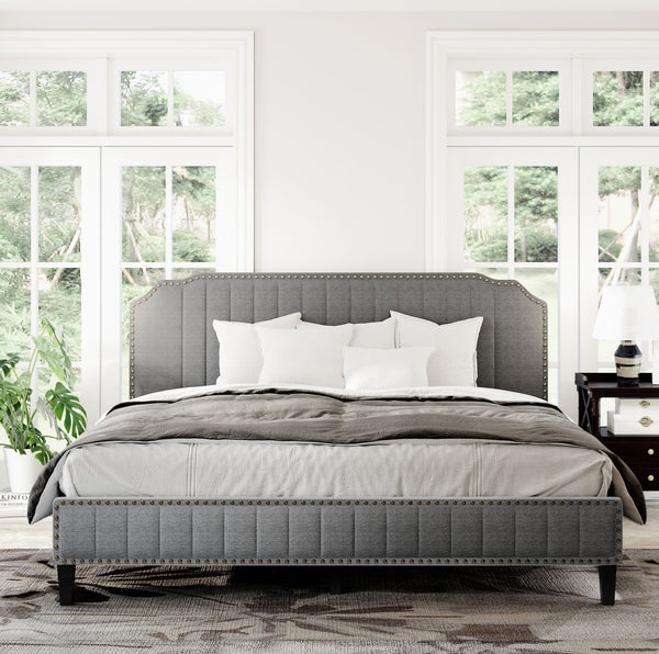 Modern Linen Curved Upholstered Platform Bed ;  Solid Wood Frame ;  Nailhead Trim (King)