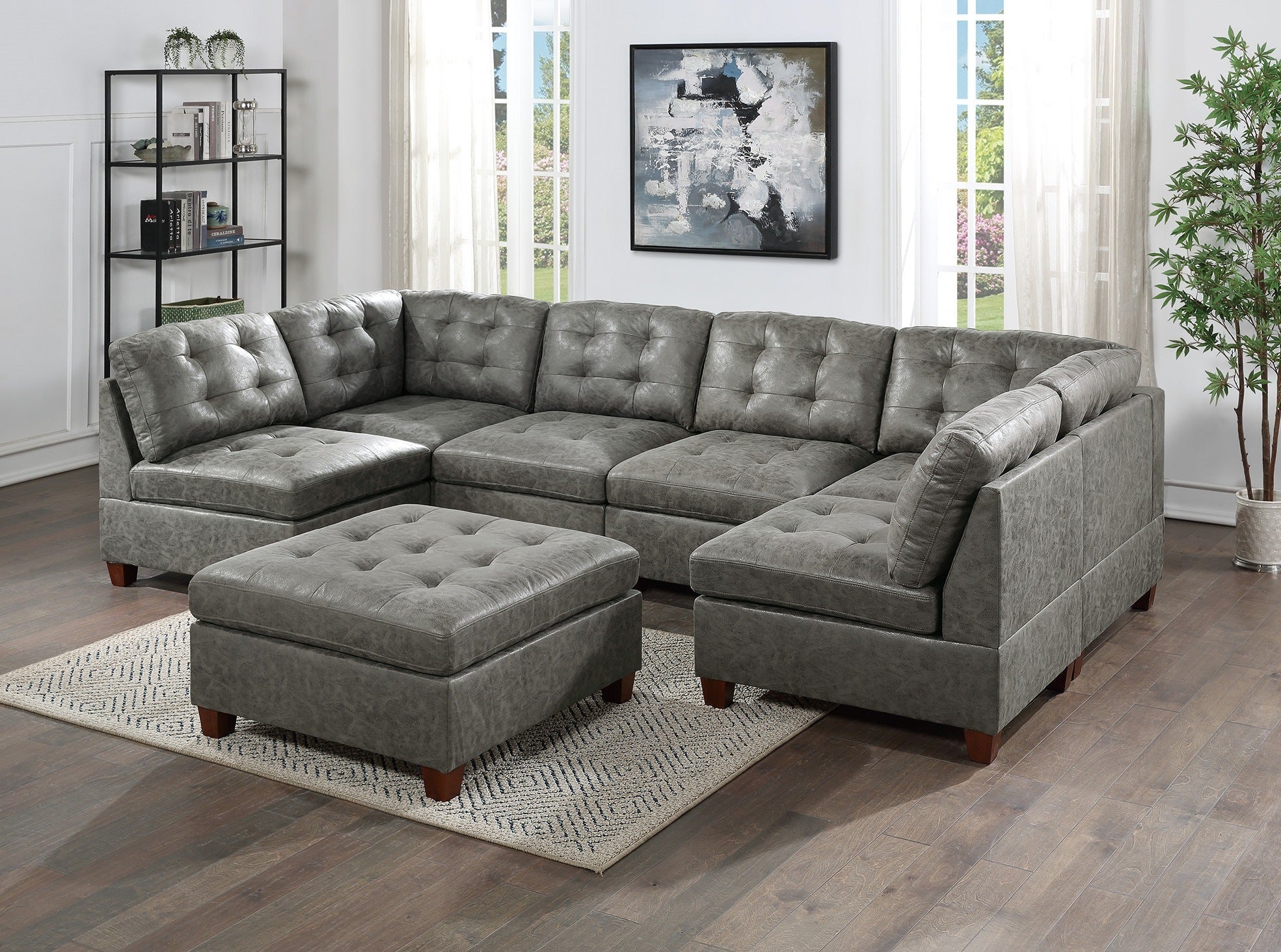 Living Room Furniture Antique Grey Modular Sectional 7pc Set Breathable Leatherette Tufted Couch 2x Corner Wedge 4x Armless Chairs and 1x Ottoman U-Shaped