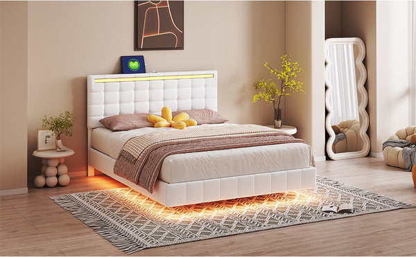 Queen Size Floating Bed Frame with LED Lights and USB Charging,Modern Upholstered Platform LED Bed Frame,White