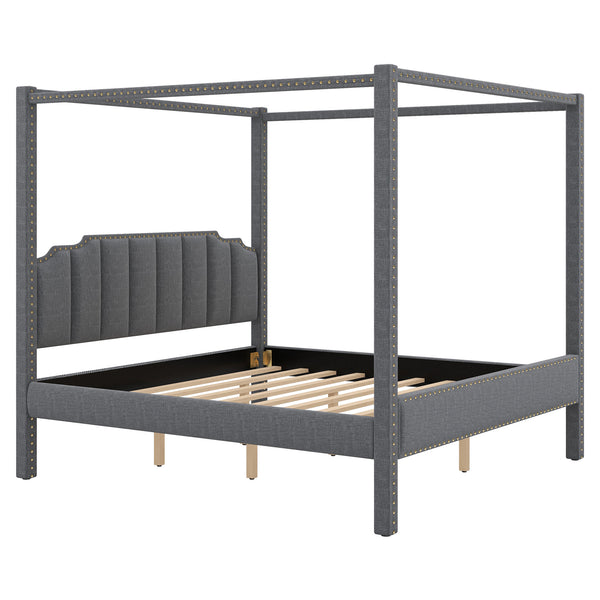 King Size Upholstery Canopy Platform Bed with Headboard; Support Legs; Gray