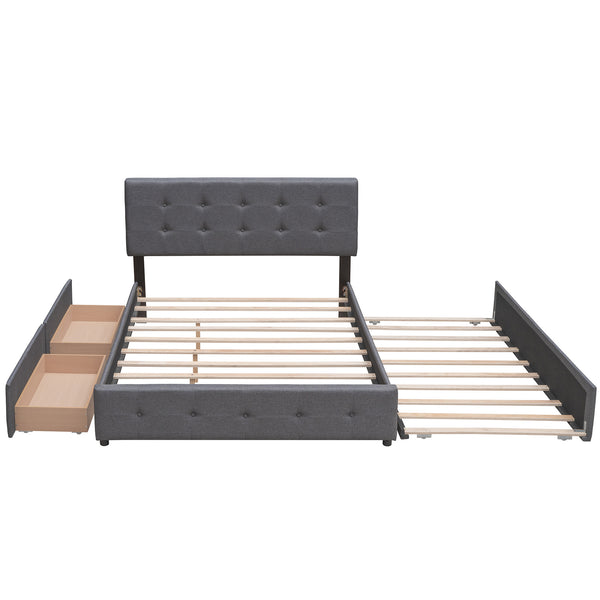 Upholstered Platform Bed with 2 Drawers and 1 Twin XL Trundle;  Linen Fabric;  Queen Size