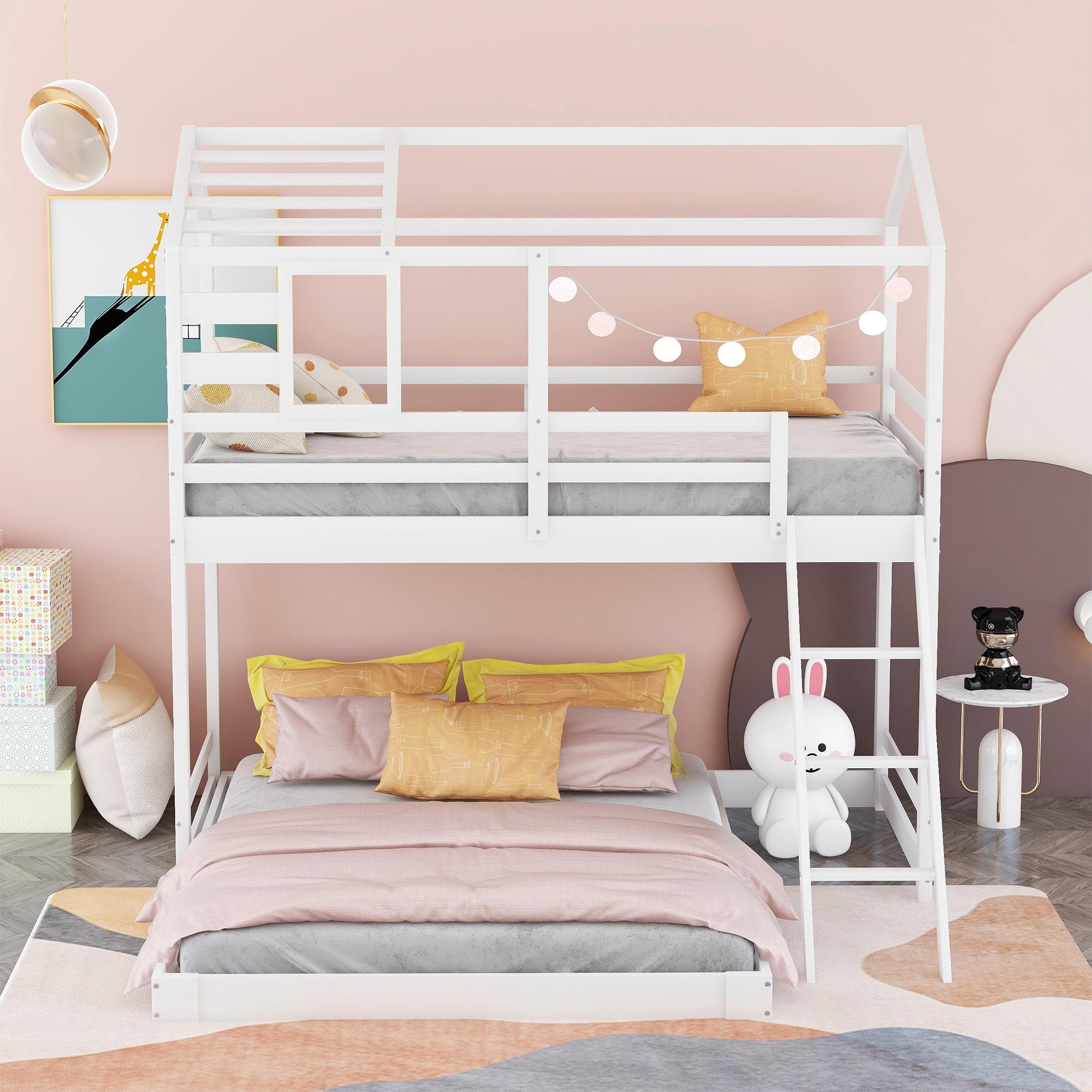 Twin over Full House Bunk Bed with Ladder and Window,Full-Length Guardrail