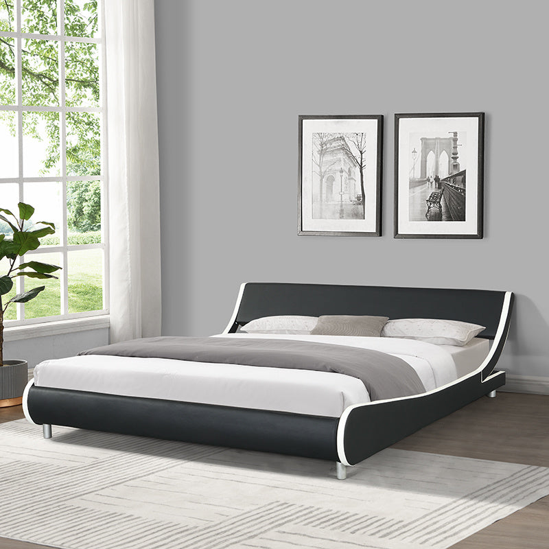 Faux Leather Upholstered Platform Bed Frame; Curve Design; Wood Slat Support; No Box Spring Needed; Easy Assemble; King Size; Black+White