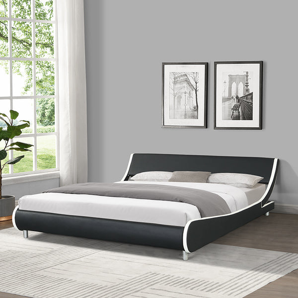 Faux Leather Upholstered Platform Bed Frame; Curve Design; Wood Slat Support; No Box Spring Needed; Easy Assemble; King Size; Black+White