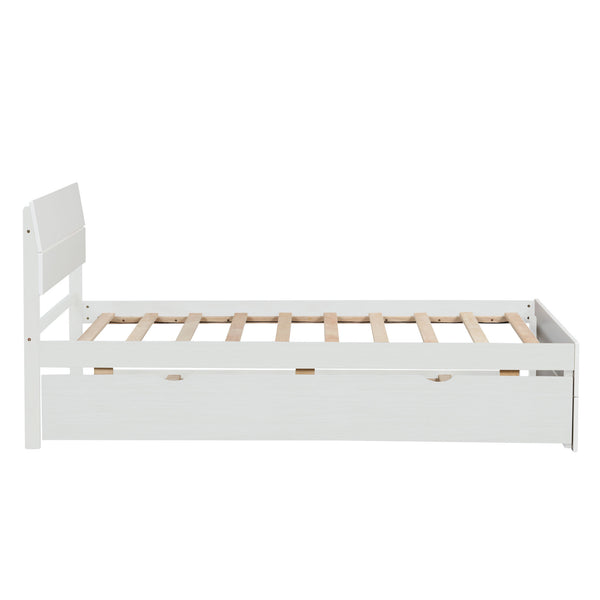 Modern Twin Bed Frame With Twin Trundle For White High Gloss Headboard and Footboard With Washed White Color