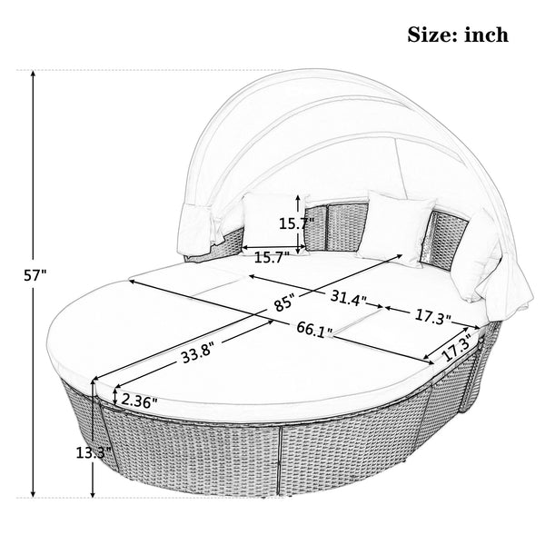 Outdoor rattan daybed sunbed with Retractable Canopy Wicker Furniture, Round Outdoor Sectional Sofa Set, black Wicker Furniture Clamshell Seating with Washable Cushions, Backyard, Porch