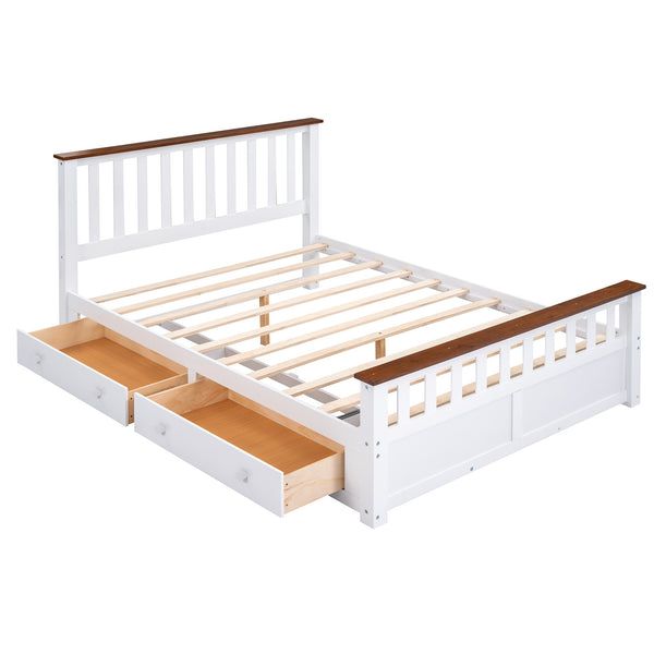 3-Pieces Bedroom Sets Queen Size Platform Bed with Nightstand(USB Charging Ports) and Storage Chest; White+Walnut