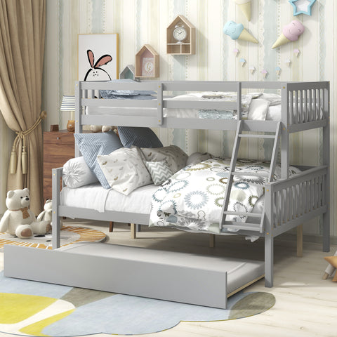 Twin Over Full Bunk Bed with Trundle; Convertible into 2 Beds; the Bunk Bed with Ladder and Safety Rails for Kids; Teens; Adults; Grey (Old Sku:W504S00029)