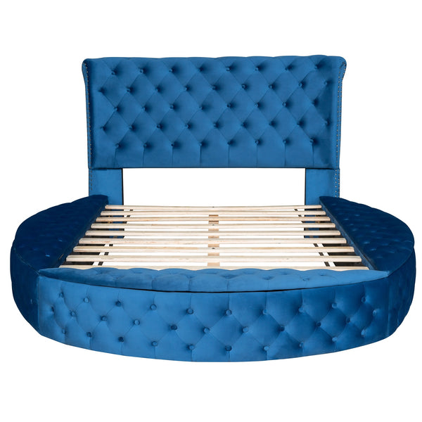 Full Size Round Shape Upholstery Low Profile Storage Platform Bed with Storage Space on both Sides and Footboard; Blue