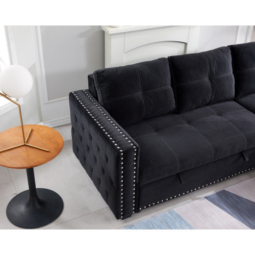 Sectional sofa with pulled out bed; 2 seats sofa and reversible chaise with storage; both hands with copper nail; BLACK; (91&quot; x 64&quot; x 37&quot;)