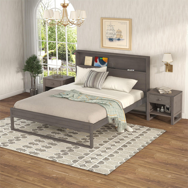 3-Pieces Bedroom Sets Queen Size Platform Bed with Two Nightstands