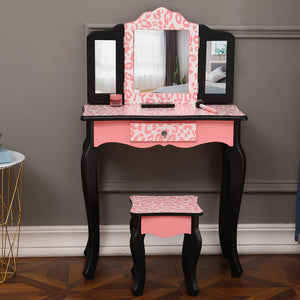 FCH Three-Fold Mirror Single Drawer Arc Feet Children Dresser Pink Leopard Print, This is A Very Fashion, Modern and Simple Dressing Table RT