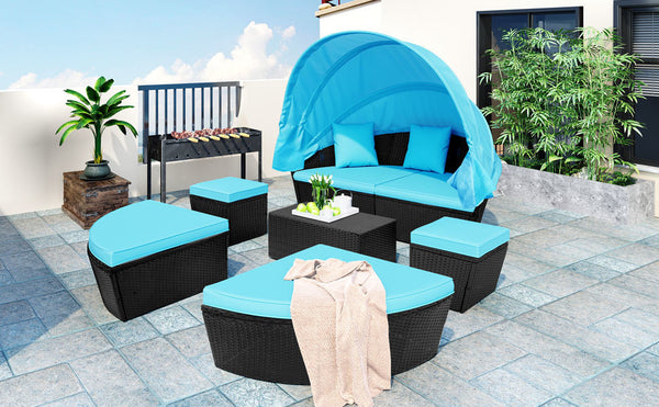 Outdoor rattan daybed sunbed with Retractable Canopy Wicker Furniture, Round Outdoor Sectional Sofa Set, black Wicker Furniture Clamshell Seating with Washable Cushions, Backyard, Porch