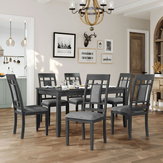 7-Piece Farmhouse Rustic Wooden Dining Table Set Kitchen Furniture Set with 6 Padded Dining Chairs