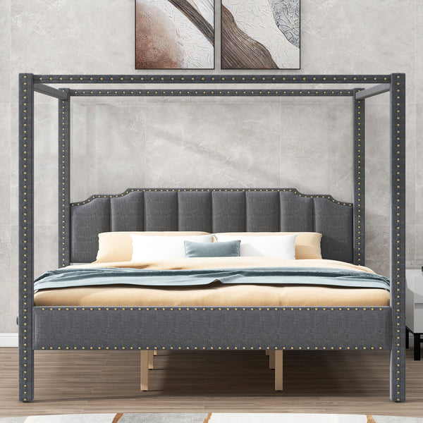 King Size Upholstery Canopy Platform Bed with Headboard; Support Legs; Gray