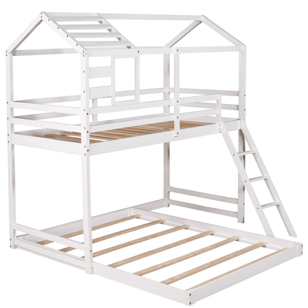 Twin over Full House Bunk Bed with Ladder and Window,Full-Length Guardrail