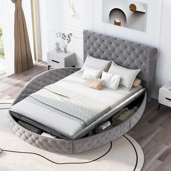 Queen Size Round Shape Upholstery Low Profile Storage Platform Bed with Storage Space on both Sides and Footboard