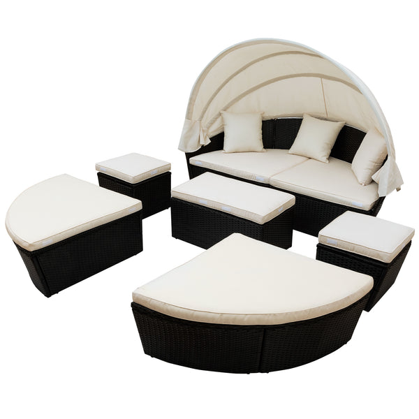 Outdoor rattan daybed sunbed with Retractable Canopy Wicker Furniture, Round Outdoor Sectional Sofa Set, black Wicker Furniture Clamshell Seating with Washable Cushions, Backyard, Porch