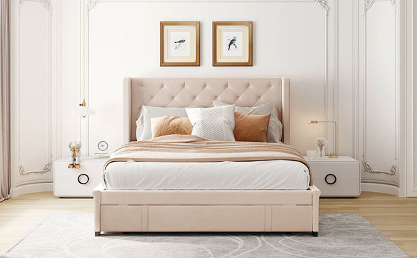 Queen Size Storage Bed Velvet Upholstered Platform Bed with Wingback Headboard and a Big Drawer