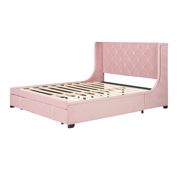 Queen Size Storage Bed Velvet Upholstered Platform Bed with Wingback Headboard and a Big Drawer