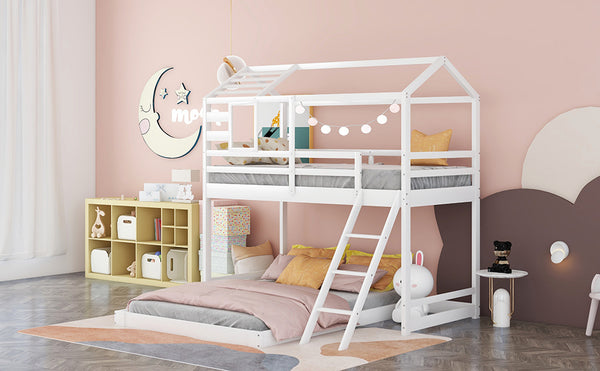 Twin over Full House Bunk Bed with Ladder and Window,Full-Length Guardrail