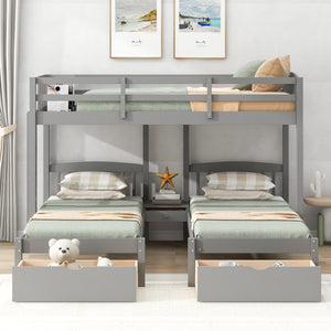 Twin over Twin & Twin Bunk Bed with Two Drawers and Built-in Middle Drawer