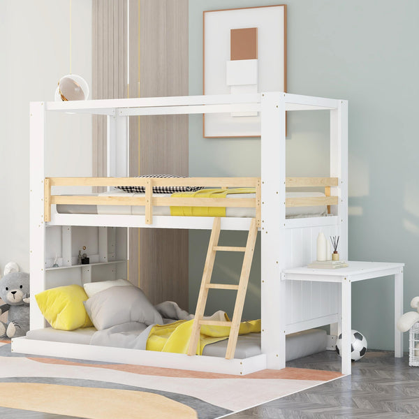 Twin Over Full Bunk Bed with Desk Storage Shelves.Reinforced Structure Bunk Beds Solid Wood Bed Frame for Kids Teens