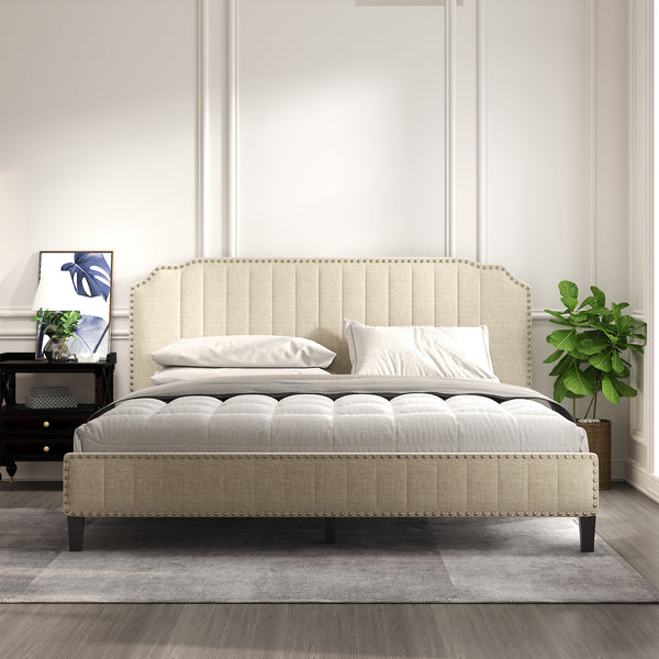 Modern Linen Curved Upholstered Platform Bed ;  Solid Wood Frame ;  Nailhead Trim (King)