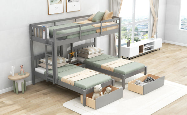 Twin over Twin & Twin Bunk Bed with Two Drawers and Built-in Middle Drawer