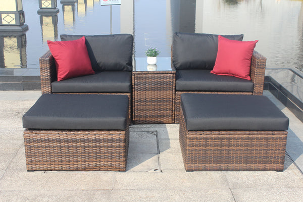 5 Pieces Outdoor Patio Garden Brown Wicker Sectional Conversation Sofa Set with Black Cushions and Red Pillows,w/ Furniture Protection Cover