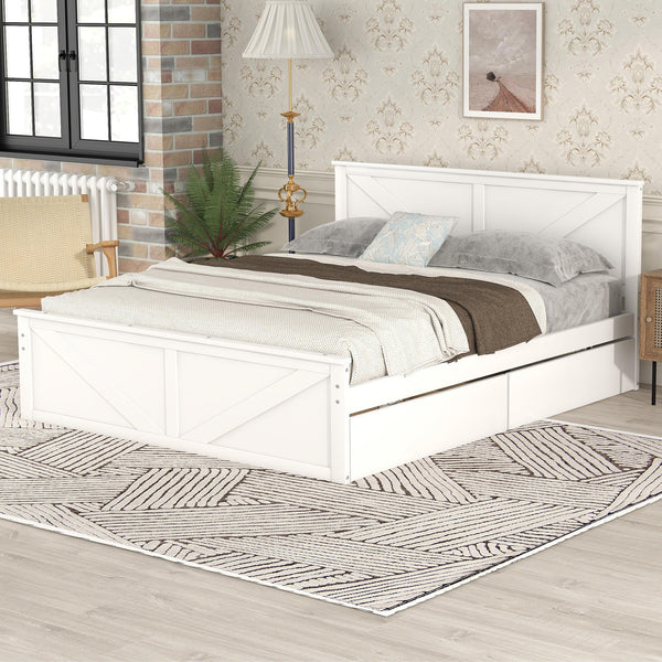 Queen Size Wooden Platform Bed with Four Storage Drawers and Support Legs