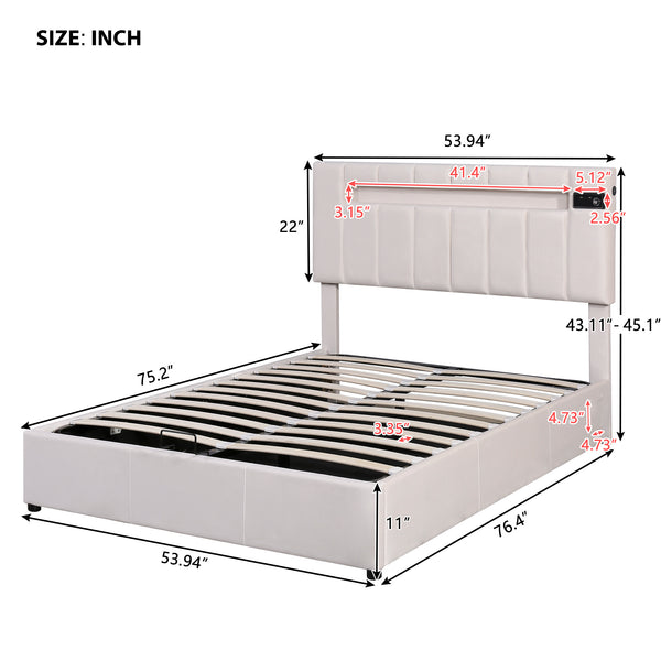 Upholstered Bed Full Size with LED light;  Bluetooth Player and USB Charging;  Hydraulic Storage Bed in Velvet Fabric